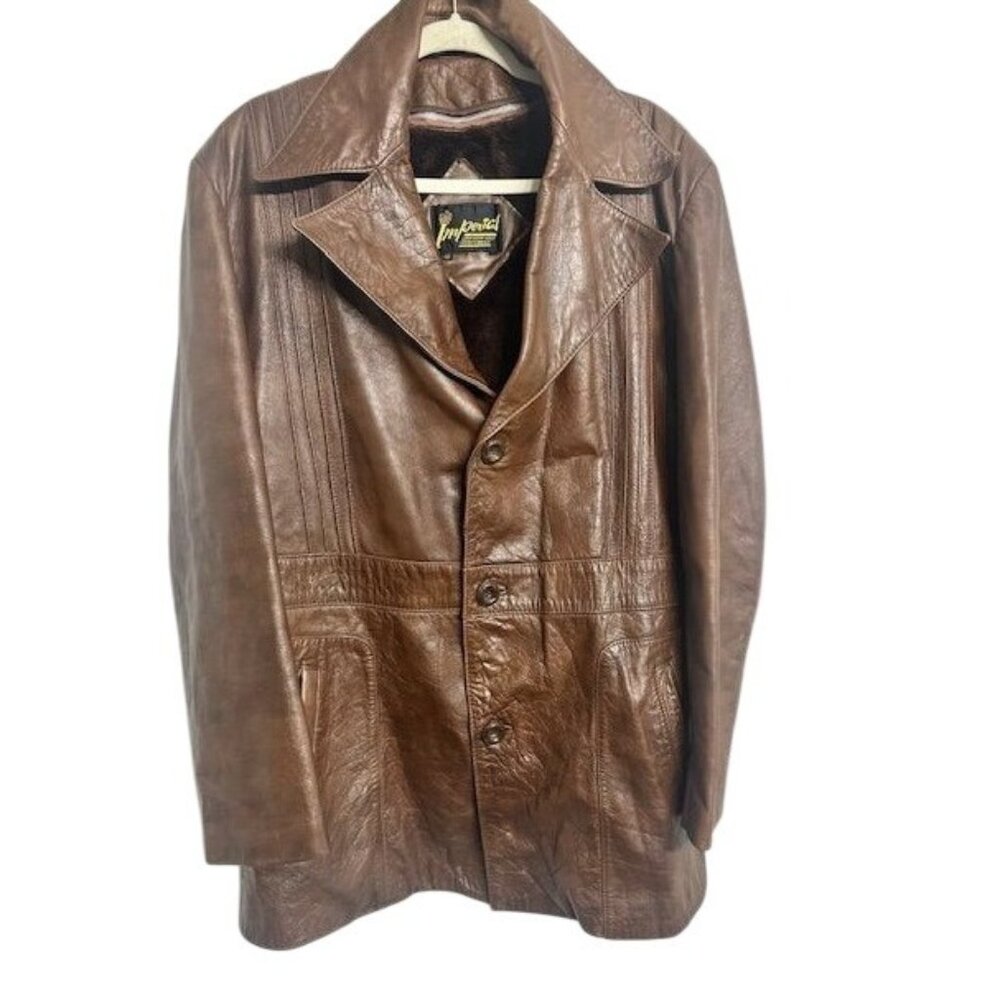 Vintage Imperial Leather & Sportswear Men Brown Retro Coat Fur Lining Zipped 46